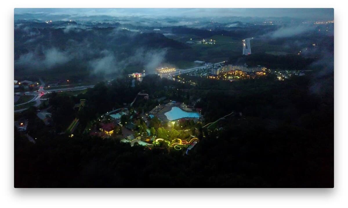 Aerial view showing Splash Country water park at the bottom of the mountain
